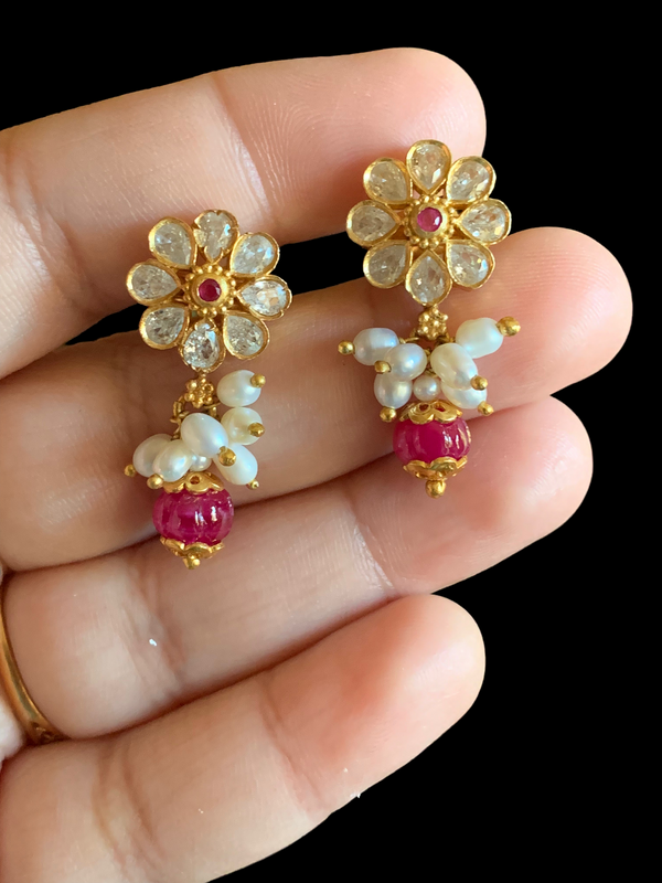 Gold plated silver tops with ruby and pearl drops