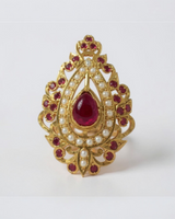 Gold-Plated Jadau Ring in 92.5 Silver with Freshwater Pearls & Synthetic Rubies – Adjustable ( READY TO SHIP )