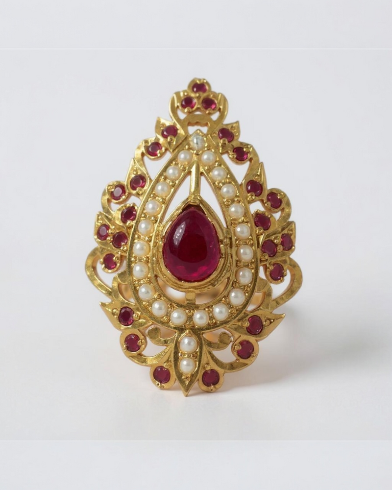 Gold-Plated Jadau Ring in 92.5 Silver with Freshwater Pearls & Synthetic Rubies – Adjustable ( READY TO SHIP )