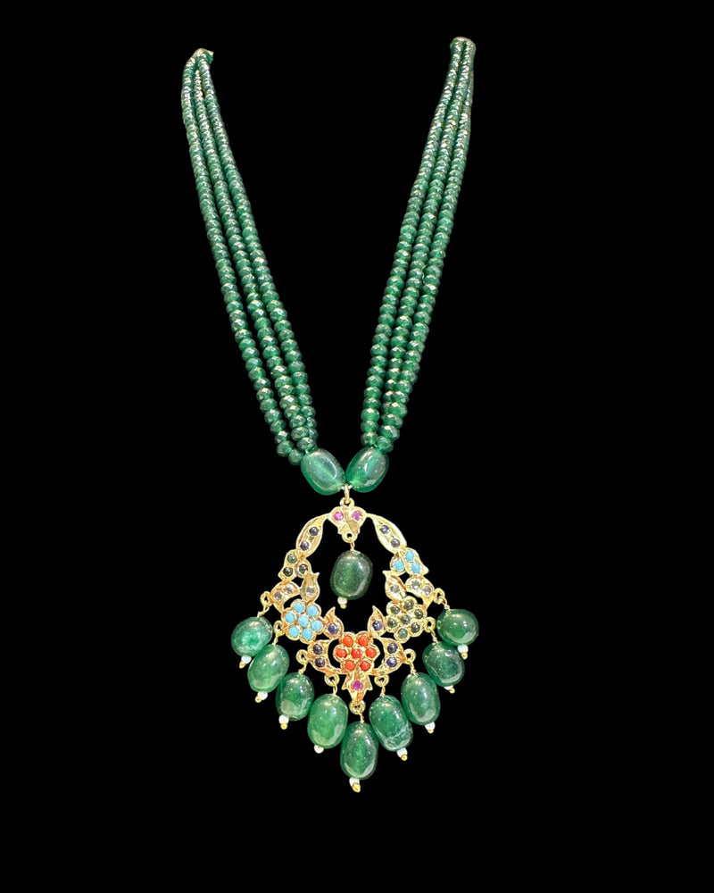 PS567 Navratan pendant set with green beads ( READY TO SHIP )