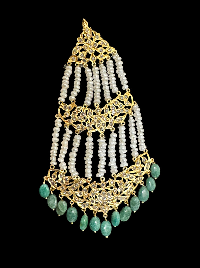 DJHR86 Hyderabadi jhoomar in fresh water pearls and emerald beads ( READY TO SHIP )