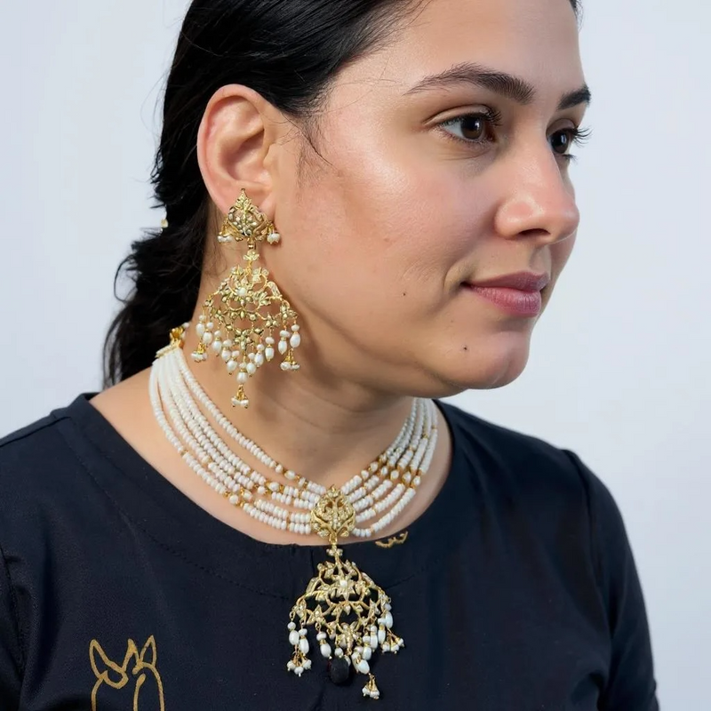 SN22 Gold-Plated 92.5 silver Pearl Necklace with Edwardian Style Earrings
