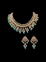 DNS110 Barfi necklace set in fresh water pearls and emerald beads ( READY TO SHIP )