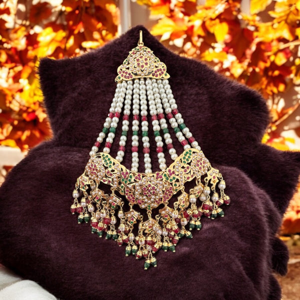 DJHR120 Jadau jhoomar in ruby emerald with pearls ( READY TO SHIP )