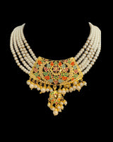 DNS503 Gold Plated Jadau Pearl Necklace Set with Earrings in navratan ( READY TO SHIP )