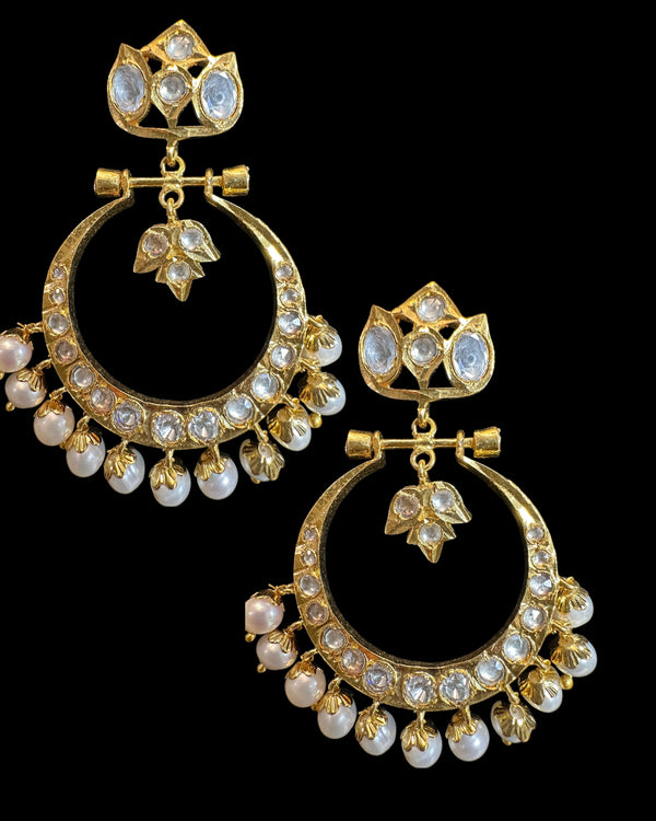 Moissanite Polki Chandbali Earrings – Gold-Plated Traditional Hyderabadi Style with Pearls ( READY TO SHIP )