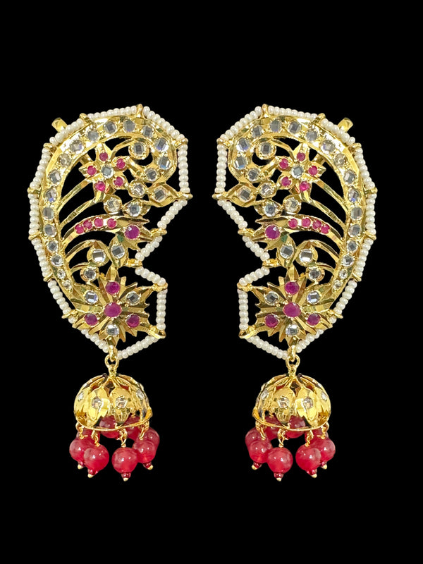 DER534 Kaan phool jhumka earrings in ruby ( READY TO SHIP )