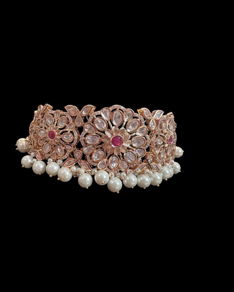 C572 Mirha Ruby and Polki choker with pearls in rose gold plating ( READY TO SHIP )