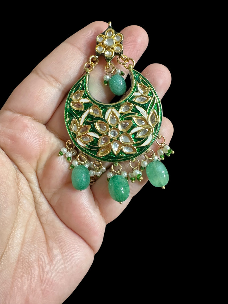 Kundan meena earrings - Green ( READY TO SHIP )