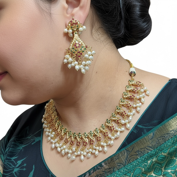 Ruby Emerald Pearl Necklace Set | 92.5 Silver Gold-Plated ( READY TO SHIP )