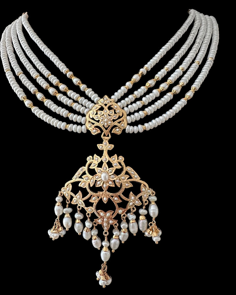 SN22 Gold-Plated 92.5 silver Pearl Necklace with Edwardian Style Earrings