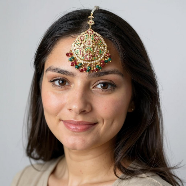 DJTK367 Samra Punjabi Ruby emerald Pearl Tika – Gold-Plated Bridal Headpiece with Shell Pearls ( READY TO SHIP )