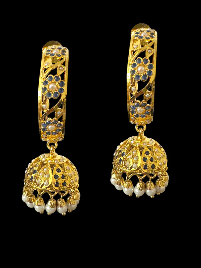 DER805 Jadau jhumka/hoop earrings in sapphire pearl combination ( READY TO SHIP )