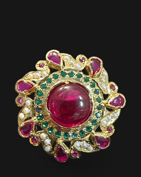 Ruby, Emerald & Freshwater Pearl Gold-Plated Silver Adjustable Ring ( READY TO SHIP )