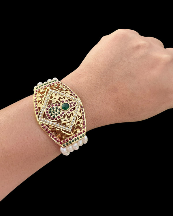 Ruby, Emerald & Freshwater Pearl Gold-Plated Silver Bracelet ( READY TO SHIP )
