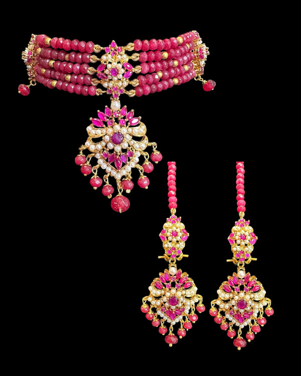 C575 Zarifa Gold-Plated Choker with Earrings – Ruby Beads & Pearl Detailing ( READY TO SHIP )