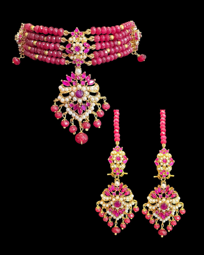 C575 Zarifa Gold-Plated Choker with Earrings – Ruby Beads & Pearl Detailing ( READY TO SHIP )