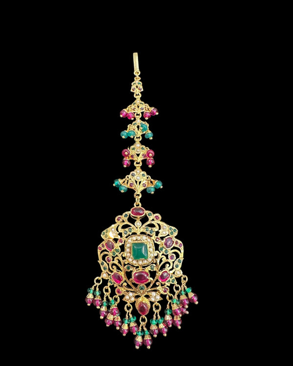 Grand Bridal Tika in Ruby, Emerald & Pearls – Gold Plated on 92.5 Silver ( READY TO SHIP )