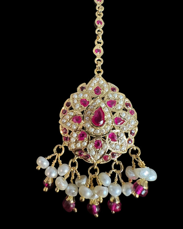 Ruby & Pearl Teardrop Tikka – Gold-Plated Silver (92.5 Sterling Silver Base) ( READY TO SHIP )