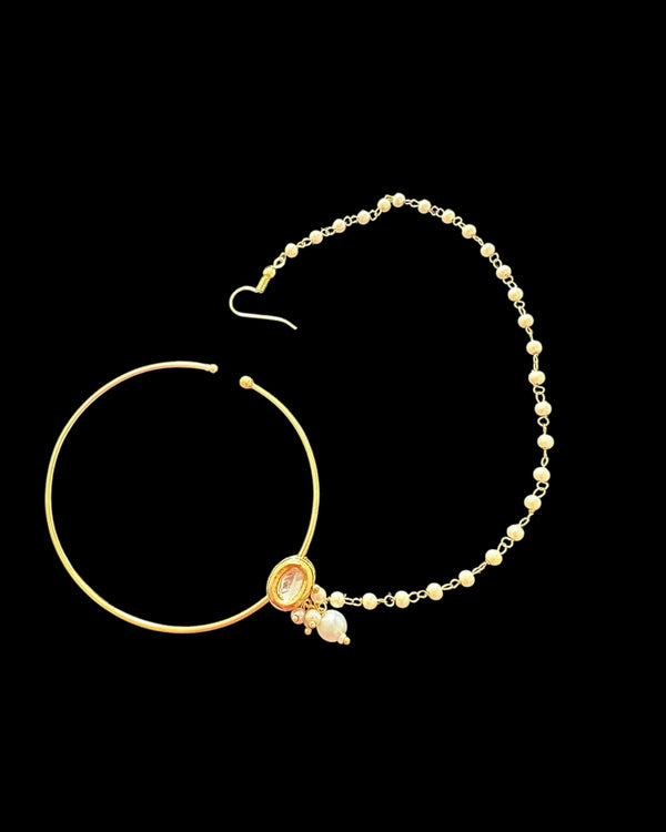 Kundan Bridal nose ring with pearl chain  