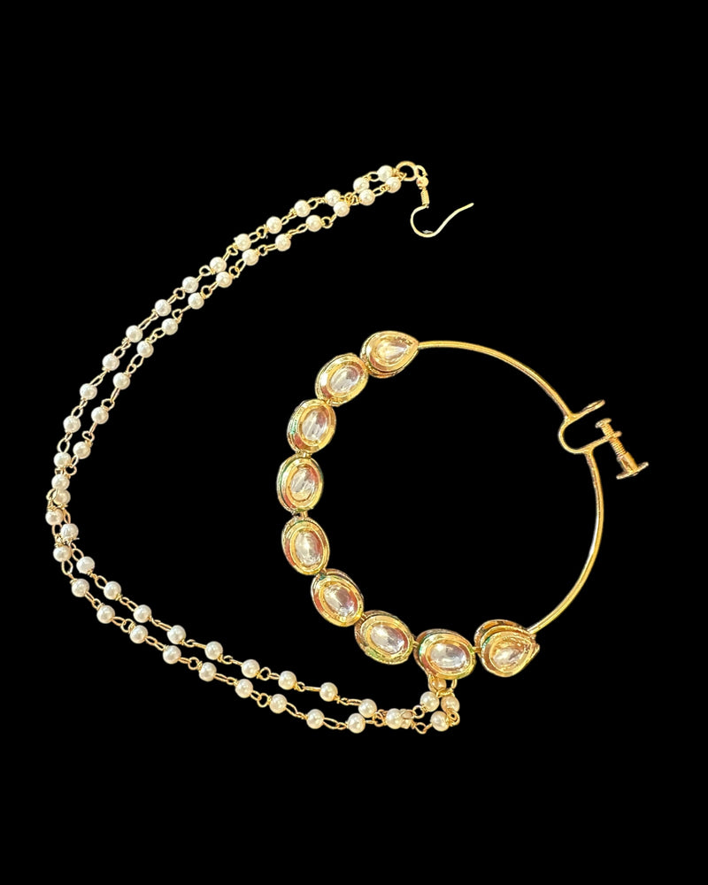 Kundan nosering with clip and pearl chain ( READY TO SHIP )