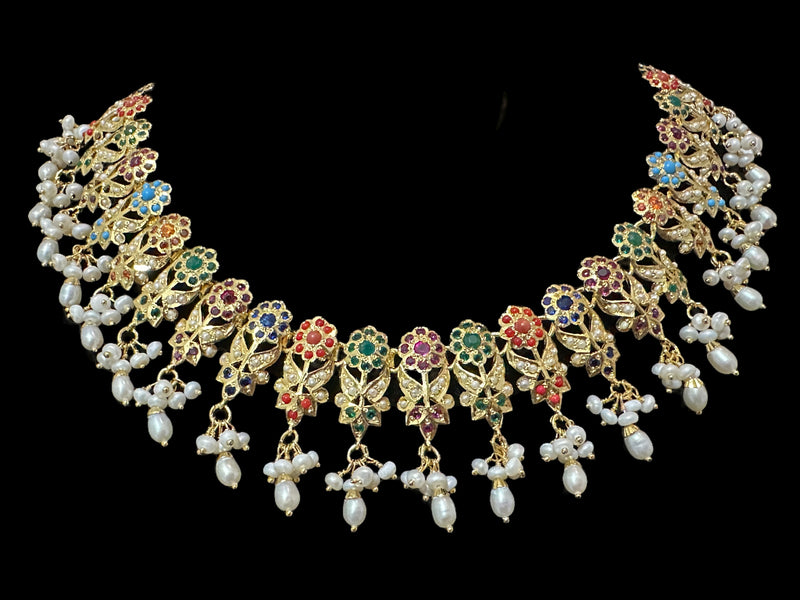 Navratan / Multicolored Jadau Necklace Set in Gold Plated Silver ( READY TO SHIP )