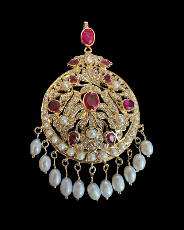 Gold-Plated Silver Ruby & Freshwater Pearl Pendant Set | 92.5 Silver | Elegant Zircon Design ( READY TO SHIP )