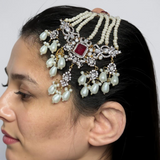 Farhat 💎 Ruby Bridal Choker Set with Earrings & Tika – Gold-Plated with Zircon & Shell Pearls