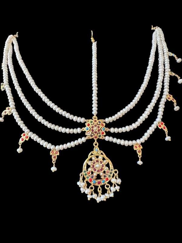 Navratan gold plated silver mathapatti in fresh water pearls ( READY TO SHIP )