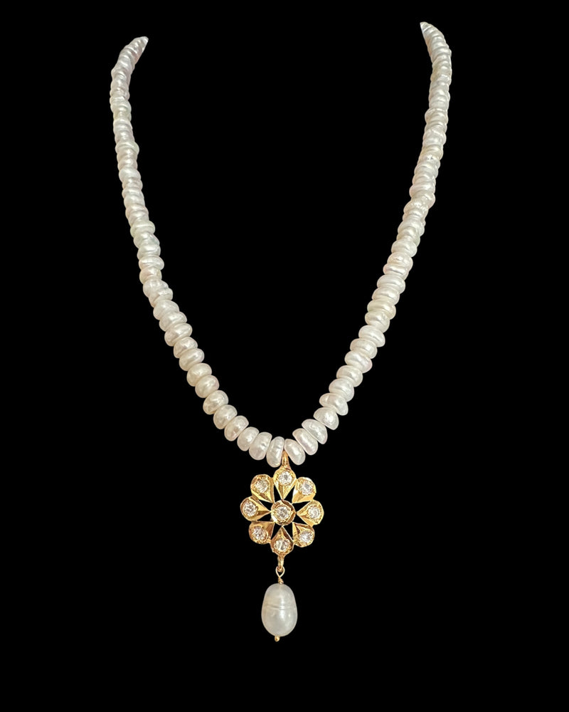 PS564 Barkha Floral Moissanite Polki Pendant Set with Freshwater Pearls – Gold-Plated Elegance ( READY TO SHIP )