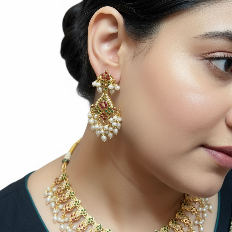 Ruby Emerald Pearl Necklace Set | 92.5 Silver Gold-Plated ( READY TO SHIP )