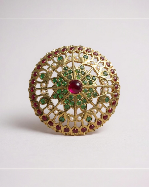 ✨ Statement Gold-Plated Silver Ring – Ruby, Emerald & Freshwater Pearls ( READY TO SHIP )
