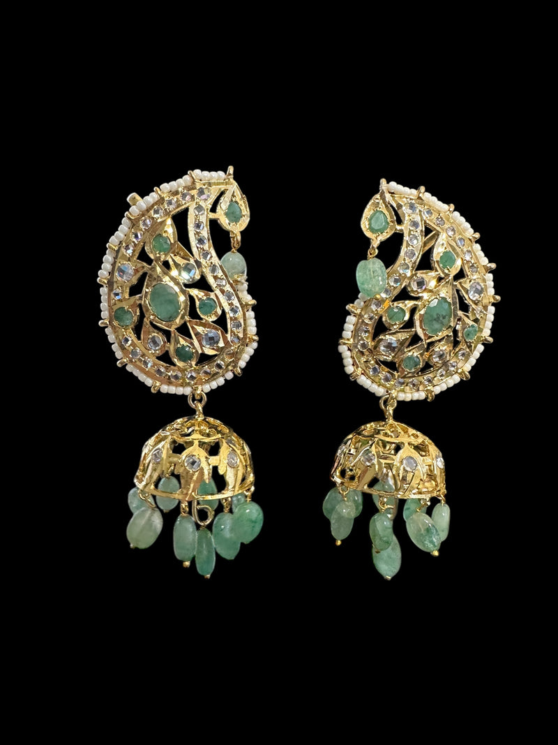 DER726 Kaan phool jhumka earrings in emeralds  ( READY TO SHIP )