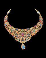 Navratan necklace earrings set in gold plating ( READY TO SHIP )