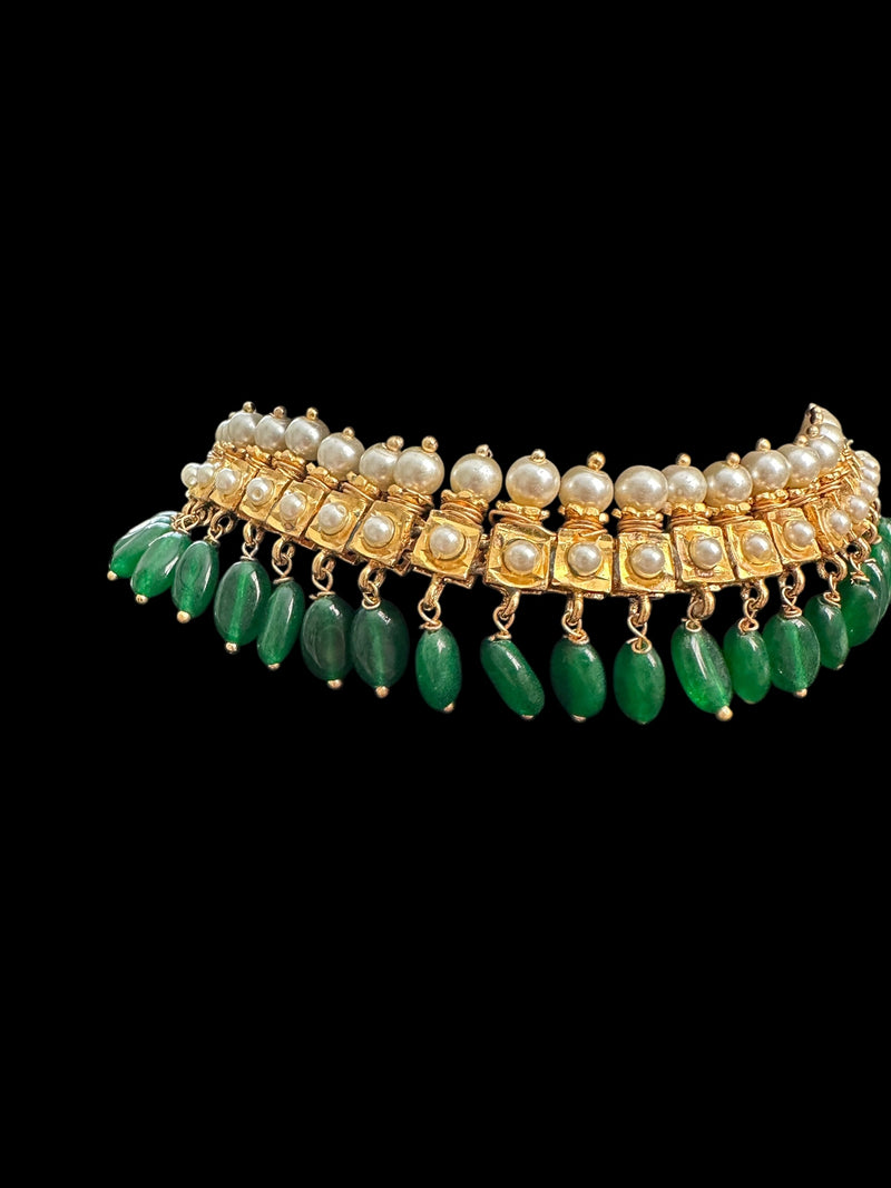 Barfi necklace / choker with pearls and green beads ( READY TO SHIP )