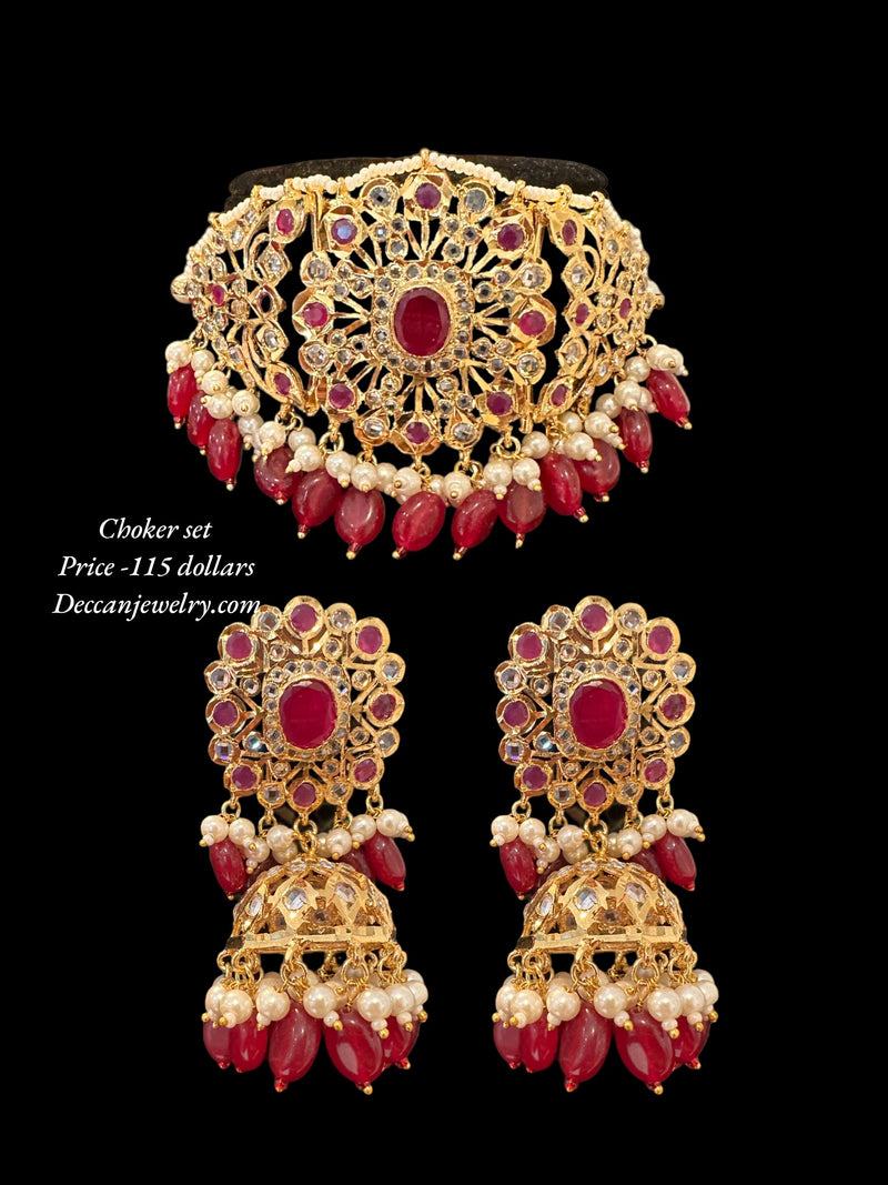 C333 Hyderabadi  choker set in pearls  and ruby with jhumka ( READY TO SHIP )