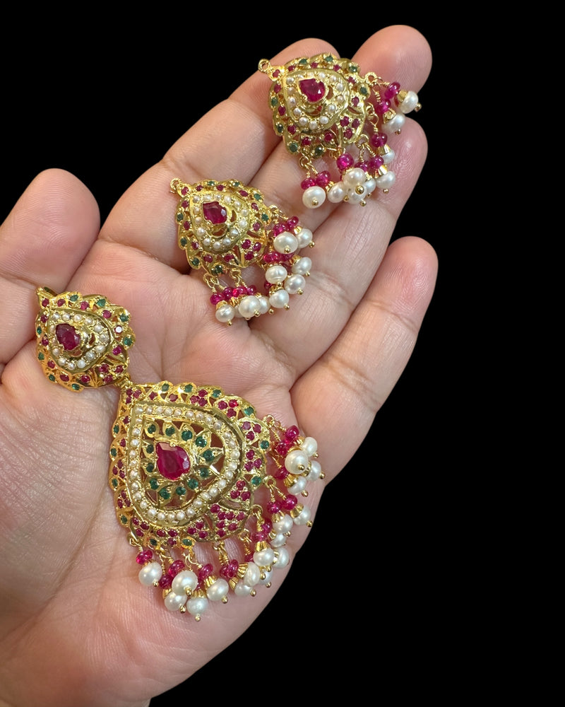 Ruby Emerald Pearl Pendant Set – Gold-Plated 92.5 Silver ( READY TO SHIP )