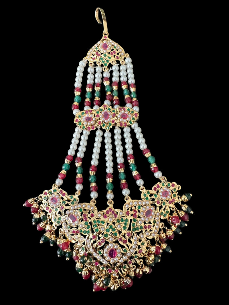 DJHR125 Wafa jadau jhoomar in Ruby emerald and pearl  ( READY TO SHIP )