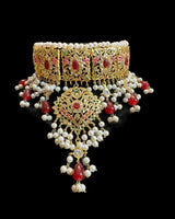 Ruby & Emerald Gold-Plated Bridal Choker with Earrings – Handcrafted