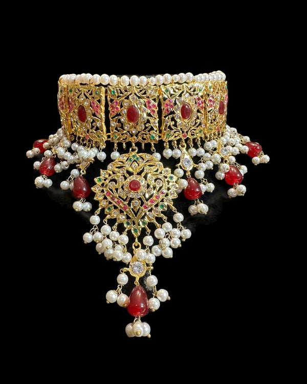 Ruby & Emerald Gold-Plated Bridal Choker with Earrings – Handcrafted