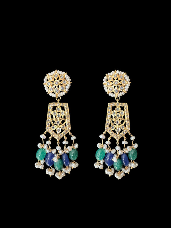 DER598 Indu earrings with fresh water pearls and emerald sapphire beads ( READY TO SHIP )