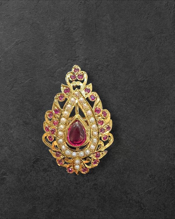 Gold-Plated Jadau Ring in 92.5 Silver with Freshwater Pearls & Synthetic Rubies – Adjustable ( READY TO SHIP )