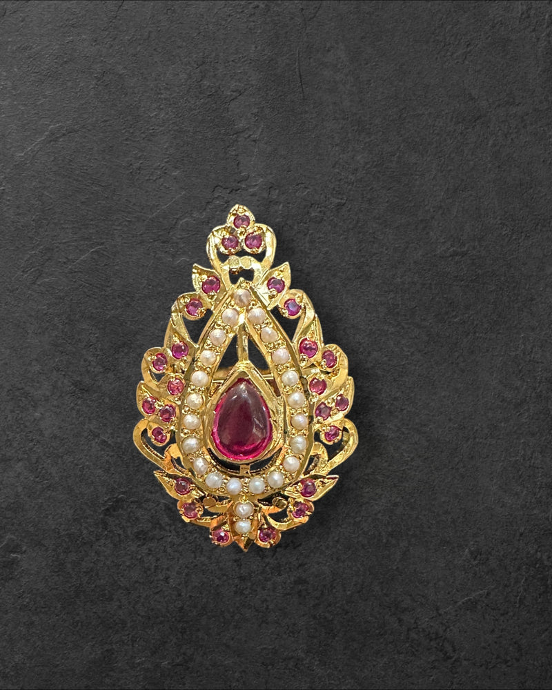 Gold-Plated Jadau Ring in 92.5 Silver with Freshwater Pearls & Synthetic Rubies – Adjustable ( READY TO SHIP )