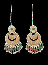 DER640 Shama gold plated pink and emerald kundan chandbali earrings - large ( READY TO SHIP )