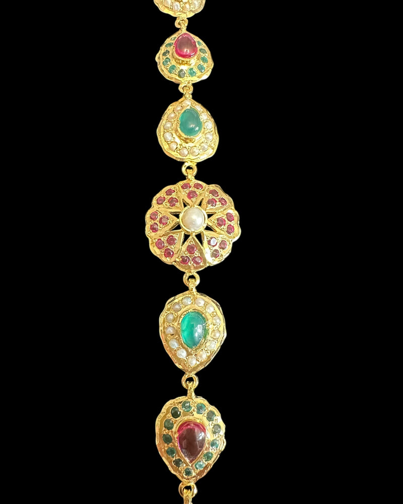 Ruby, Emerald & Pearl Gold-Plated Silver Bracelet – 92.5 Silver ( READY TO SHIP )