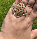 92.5 silver gold plated finger ring in ruby emerald and pearls ( READY TO SHIP )