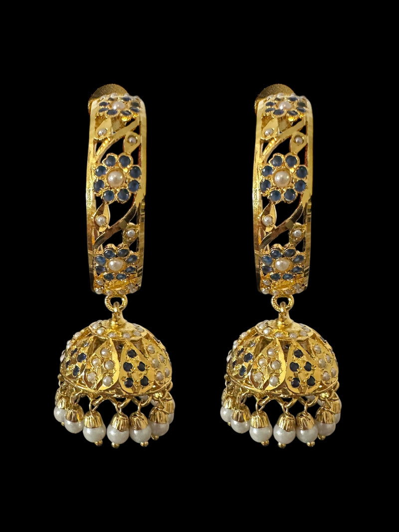 DER805 Jadau jhumka/hoop earrings in sapphire pearl combination ( READY TO SHIP )