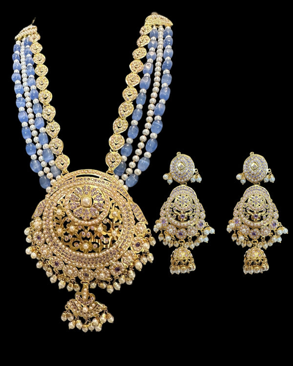 DLN135 Gold-Plated Jadau Rani Haar with Earrings – Medium Length - Purple ( READY TO SHIP )