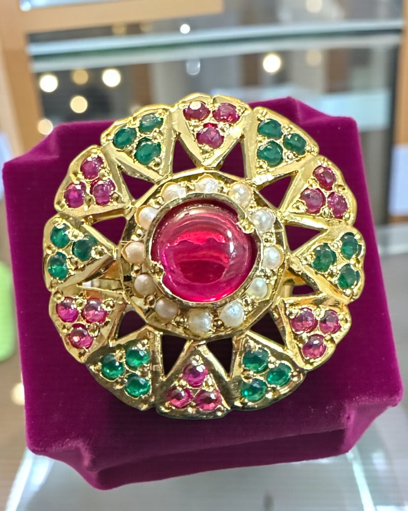 Ruby, Emerald & Freshwater Pearl Gold-Plated Silver Adjustable Ring ( READY TO SHIP)