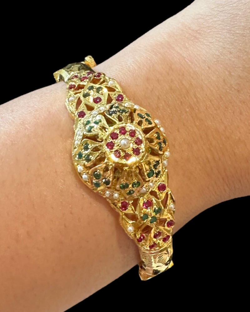 Ruby, Emerald & Freshwater Pearl Gold-Plated Silver Kada Bracelet ( SHIPS IN 5 WEEKS )